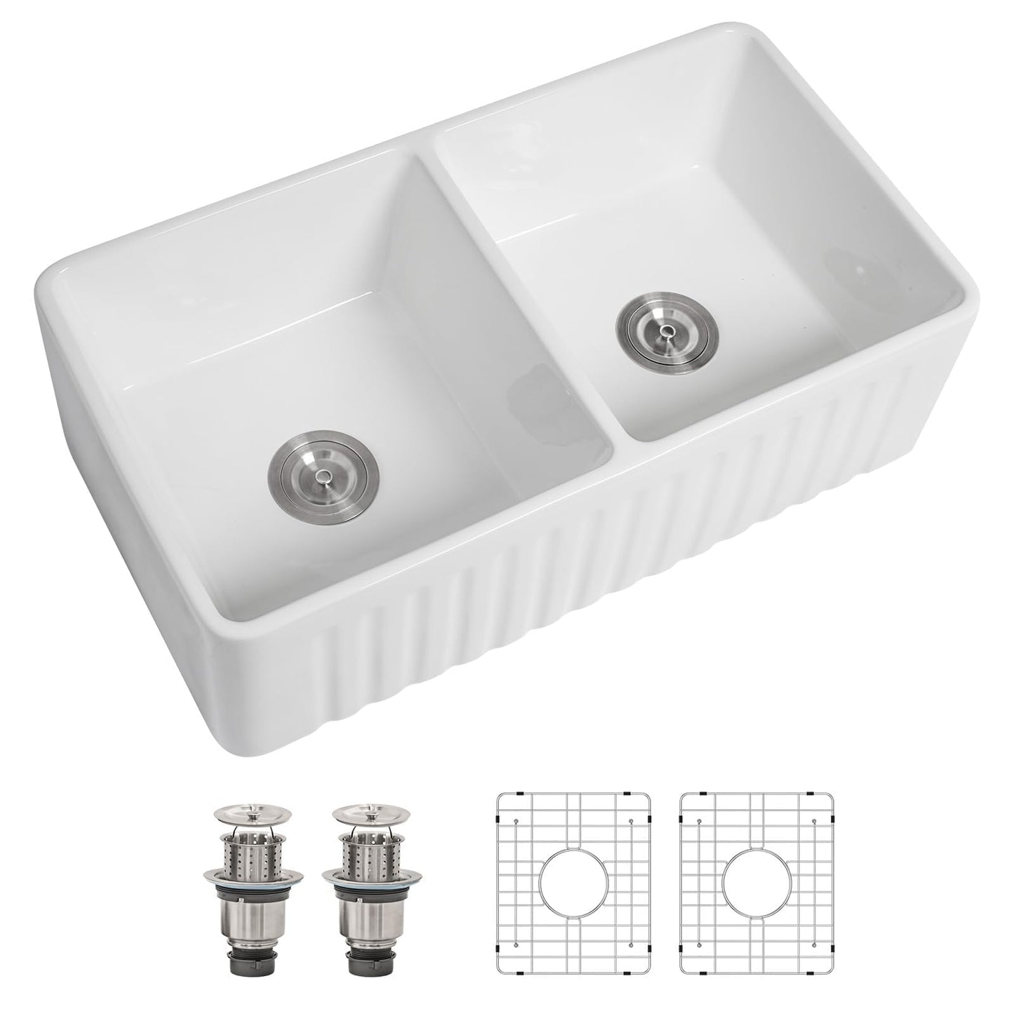 Dcolora 33 In. White Fireclay Farmhouse Sink Reversible Apron Front Design, 50/50 Double Bowl Ceramic Porcelain Kitchen Sink, 33"W×18"D×10"H #DC-A8871