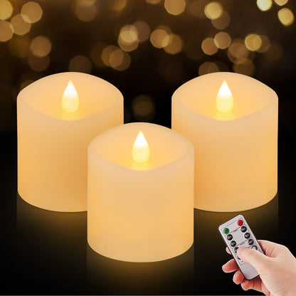 ASLDOIWEH 3x3 Flickering Flameless Candles Set of 3, 2AA Battery Life 600 Hours Battery Candles Flickering with Timer,3 inch Flameless Candles with Remote for Indoor/Outdoor, White