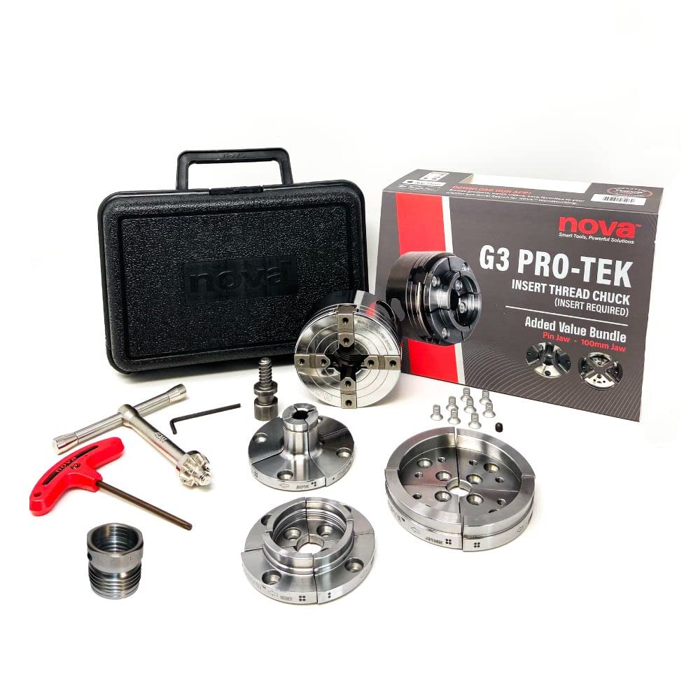 Nova Pro-Tek 48296 G3 Wood Lathe Chuck Kit with 3 jaw sets (2" Standard, 4" Bowl Jaws, and 1" Pin Jaws) insert version, with adapter insert (with ILNS 1-1/4" x 8tpi Insert)