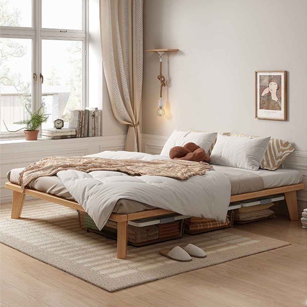 NELYE Queen Platform Bed Base - 14 Inch Solid Wood Mattress Foundation with Support Slats and Legs, Queen-Size Rubberwood Simple Bed Frame