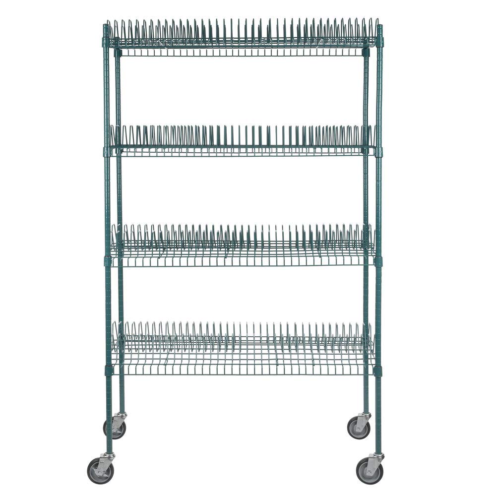 24" x 48" Green Epoxy Drying Rack 4-Shelf Kit with 64" Posts and Casters - 1 1/4" Slots. Perfect for Home , Garage, Indoor, Outdoor, Restaurant, School, Business, Bookshelf, Backyard, Office, Rack.