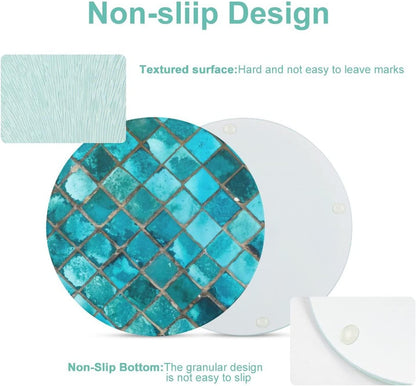 Tempered Glass Cutting Board, Turquoise Blue Pattern, 8" Round Kitchen Decorative Chopping Board