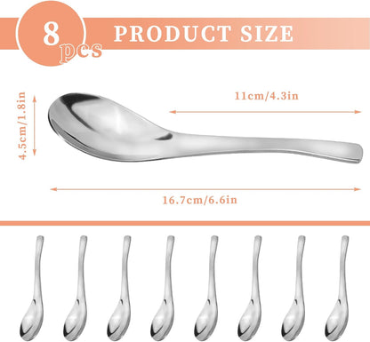 8Pcs Thickened Heavy-Weight Soup Spoons, 18/8 Stainless Steel Silverware for Soup, Ramen, Pho