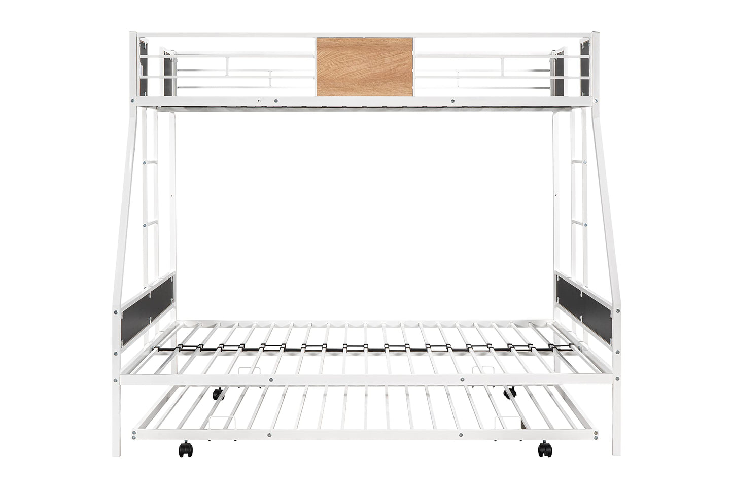 PVWIIK Twin Over Full Bunk Bed with Trundle,Heavy-Duty Sturdy Bedframe with Safety Guardrail & Ladder for Kids Boys Girls Teens,Space Saving Design & No Box Spring Needed,White