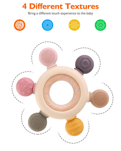 akolik Teething Toys for Babies, Baby Teethers Toy Teething Ring Silicone, Grasping Teething Toy, BPA Free Teething Newborn Accessories for Baby 0 3 6 9 12 18 Months (Pink)