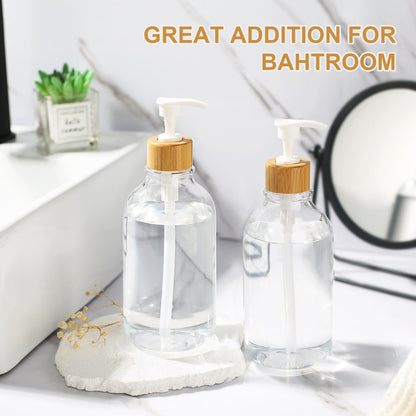 KASUNTING Clear Soap Dispenser, 2 Pack Plastic Dish Soap Dispenser for Kitchen, 17 Fl Oz Bathroom Hand Soap and Lotion Dispensers Set with Bamboo Pump, Refillable Liquid Soap Bottles