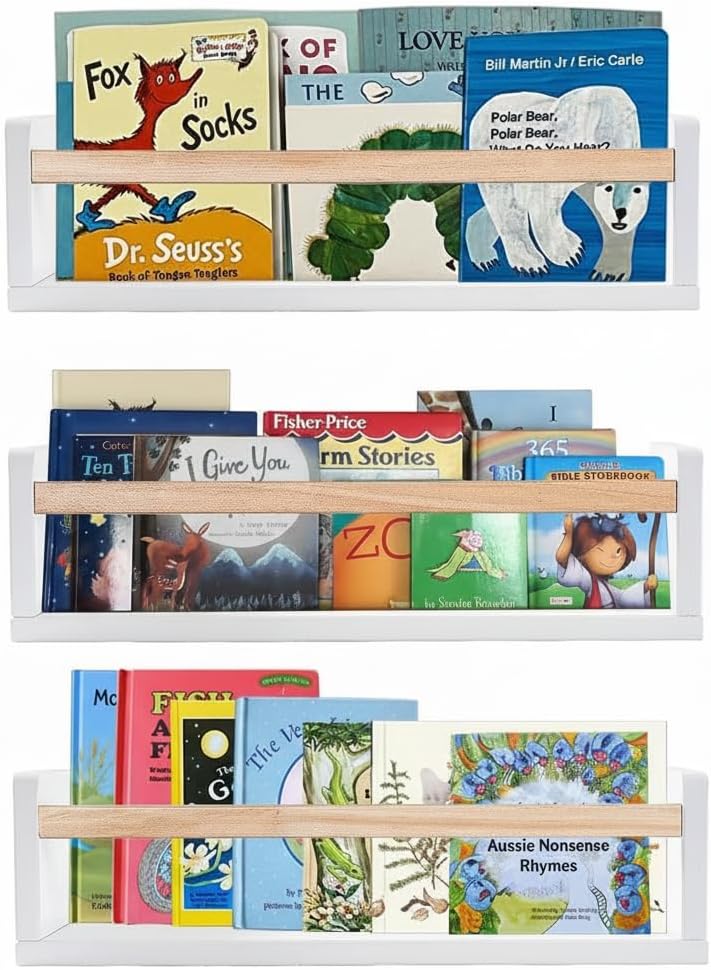 16 Inch Set 3, AZSKY Nursery Floating Shelves of White Wood Kids Wall Bookshelves & Book Organizer Ledge for Baby Room