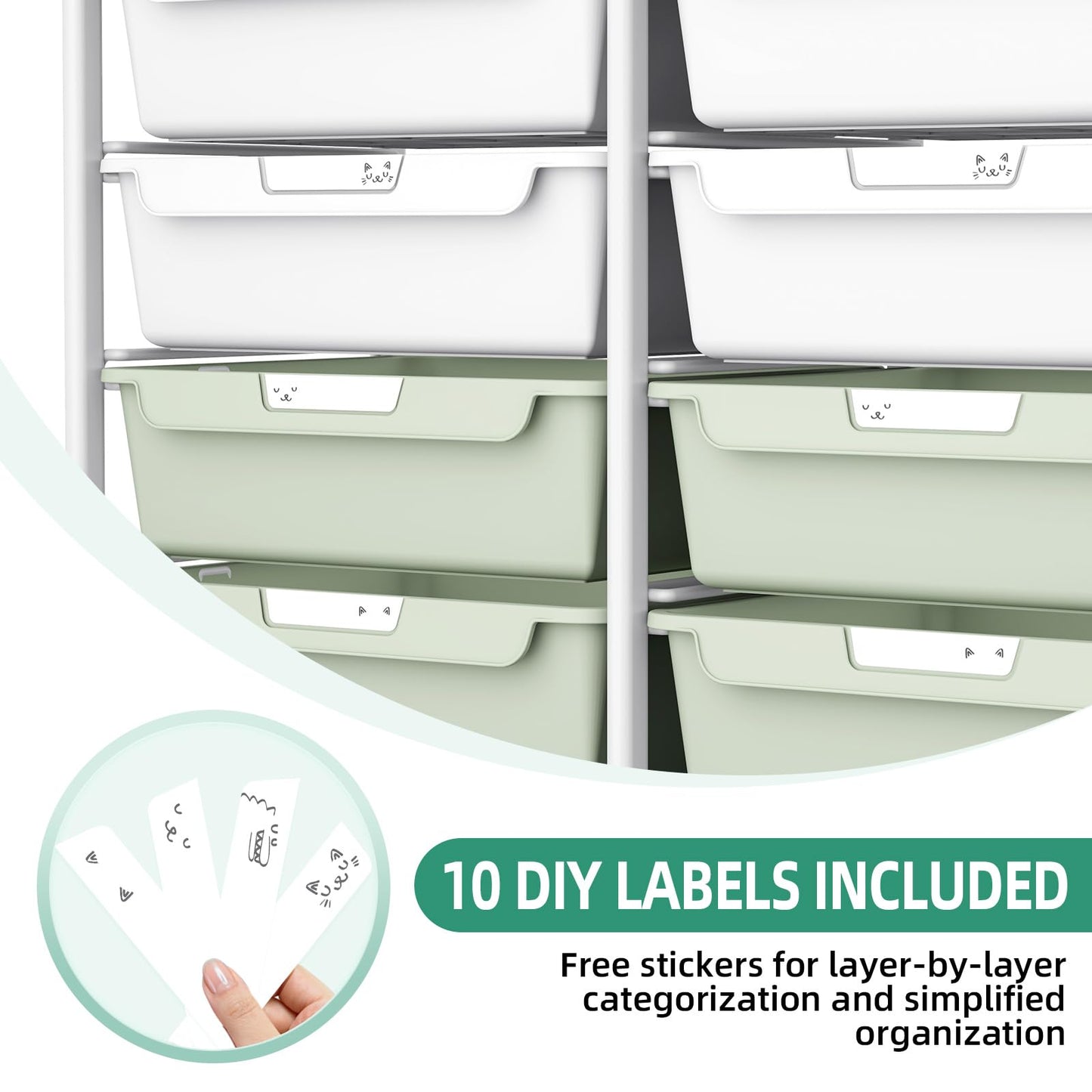 10 Drawers Rolling Cart with Wooden Tabletop, Utility Storage Cart with Wheels, Art Supply Craft Organizer on Wheel with Metal Frame & Handles for Home Office School,Green