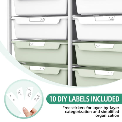 10 Drawers Rolling Cart with Wooden Tabletop, Utility Storage Cart with Wheels, Art Supply Craft Organizer on Wheel with Metal Frame & Handles for Home Office School,Green