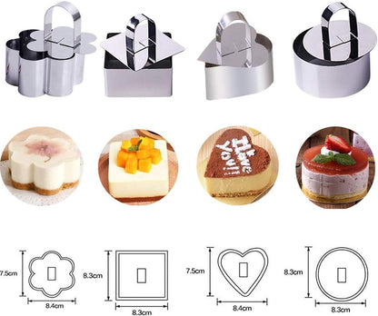 Stainless Steel 3D Cake Molds with Pusher Lifter, Set of 4 Baking Dish Tools for Cupcake, Mousse, Salad