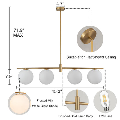 Zicbol 45.3" Modern Linear Chandelier 4-Lights Milk Glass Globe Linear Pendant Light Fixture Brushed Gold Mid Century Chandelier Kitchen Island Dining Room Light Fixture Over Table