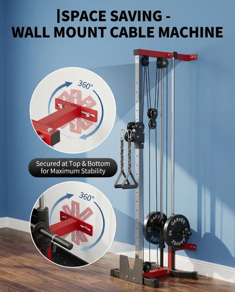 Wall Mount Cable Machine, Dual Pulley Cable Crossover & LAT Pulldown System for Home Gym with 19 Adjustable Positions, Tricep Rope, LAT Bar & Footboard, Space-Saving Garage Fitness Equipment