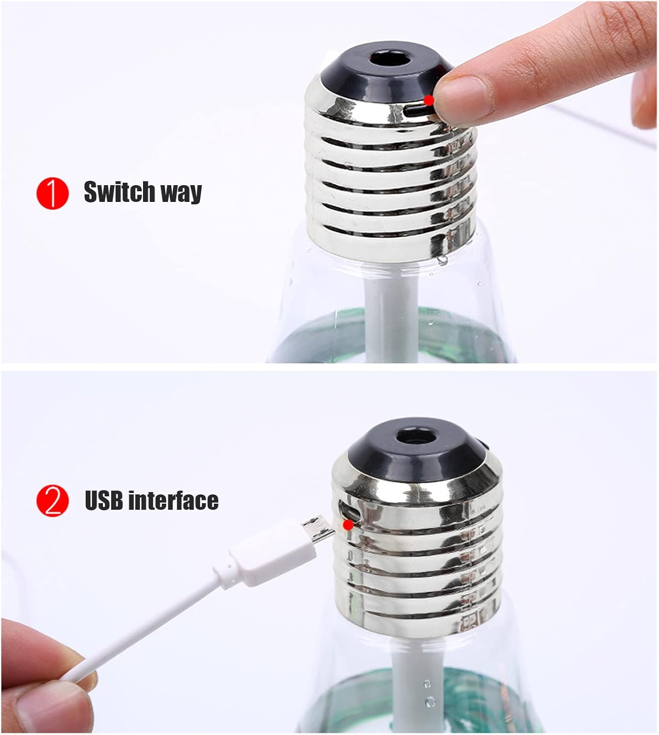 Portable Bulb Air Humidifier, USB Ultrasonic Mini Diffuser with 7 LED Colors for Home Office, 400mL, Silver