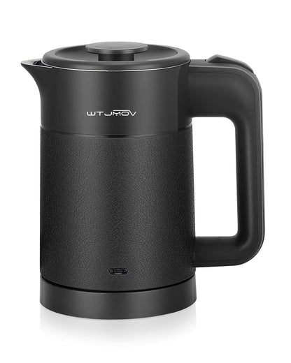 WTJMOV 0.6L Small Electric Tea Kettle Lightweight, 20 Ounce Double Wall Hot Water Boiler Stainless Steel Auto Shut-off, 120V Portable Travel Electric Kettle Fast Boil for Tea and Coffee, Black