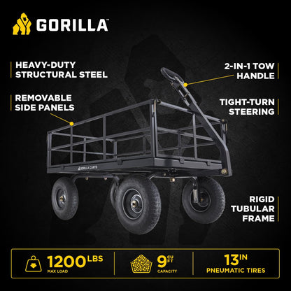 Gorilla Carts Steel Utility Cart, 9 Cu Ft Bed, 1200 lb Load Capacity, Black – Towable Heavy-Duty Outdoor Hauling Wagon with Removable Side Panels for Yard, Lawn, Garden or Landscaping