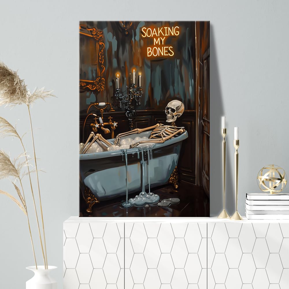 Soaking My Bones Wall Art Horror Halloween Decor Skeleton Bathtub Poster Moody Print Dark Academia Canvas Spooky Gothic Artwork Victorian Painting Bathroom Living 24x36inch Framed