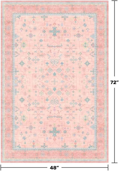 Hazo Haus Nursery Area Rug - Charming Boho Vintage Design, Washable & Non-Slip | 4x6 Pink Rug for Girls' Bedroom
