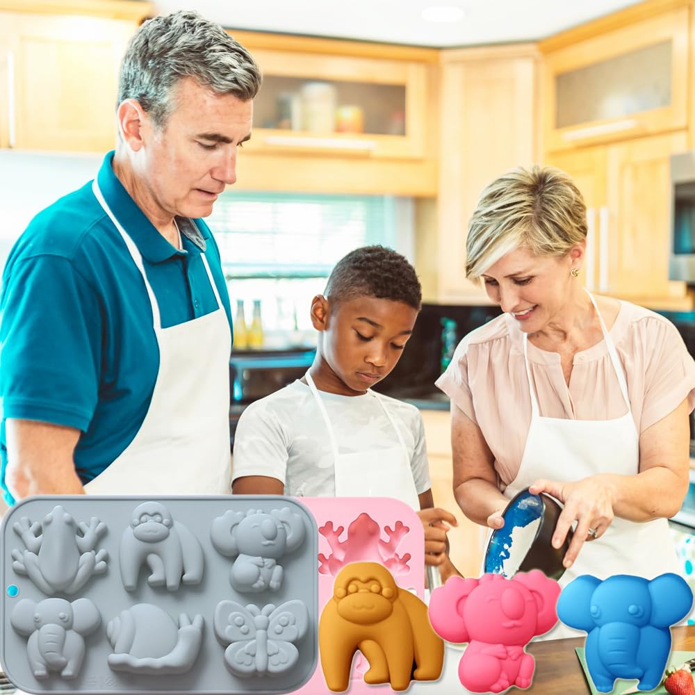 2 Pack Chocolate Molds Elephant Monkey Frog Silicone Molds for Cake Gummy Jello Ice Cube Crayon, Cake Decoration Soap Molds Silicone Baking Mold Making Kit, Lovely & Fun for Kids