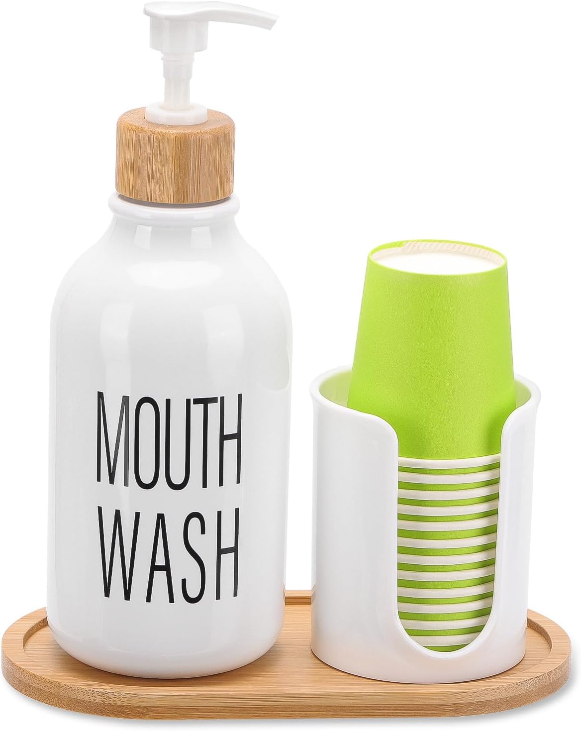 17oz Mouthwash Dispenser with Cup Holder, Plastic White Mouth Wash Pump Bottle with Tray for Bathroom Organizers
