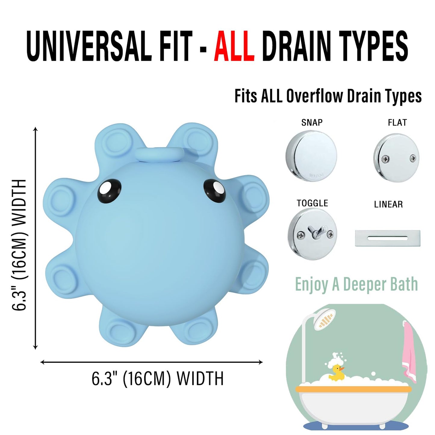 Bathtub Overflow Drain Cover - Silicone Bathroom Overflow Cover for Bath Tub, Bathroom Spa Accessories, Adds Inches of Water for Deeper Bath，Baby Blue