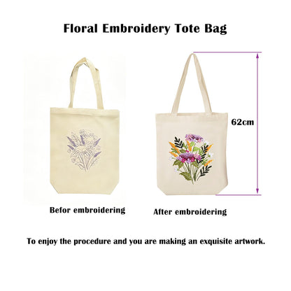 Vigdit Canvas Tote Bag Embroidery Kit for Beginners, Needlepoint Cross Stitch Kit for Adult Beginner, DIY Reusable Grocery Bags Embroidery Starter Kit with Stamped Floral Tools & Instructions