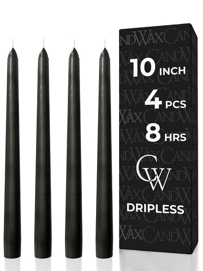 CANDWAX Black 10 inch Taper Candles Pack of 4 - Unscented Smokeless Dripless Tall Candle Sticks - Perfect for Home Decor, Special Occasions and Ordinary Events - Black Taper Candles