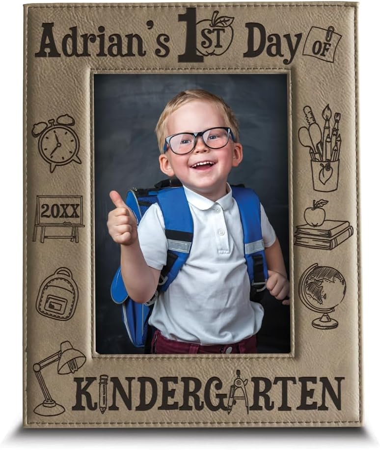 BELLA BUSTA My First Day of Kindergarten Personalized Kids School Keepsake Engraved Leather Picture Frame (5 x 7