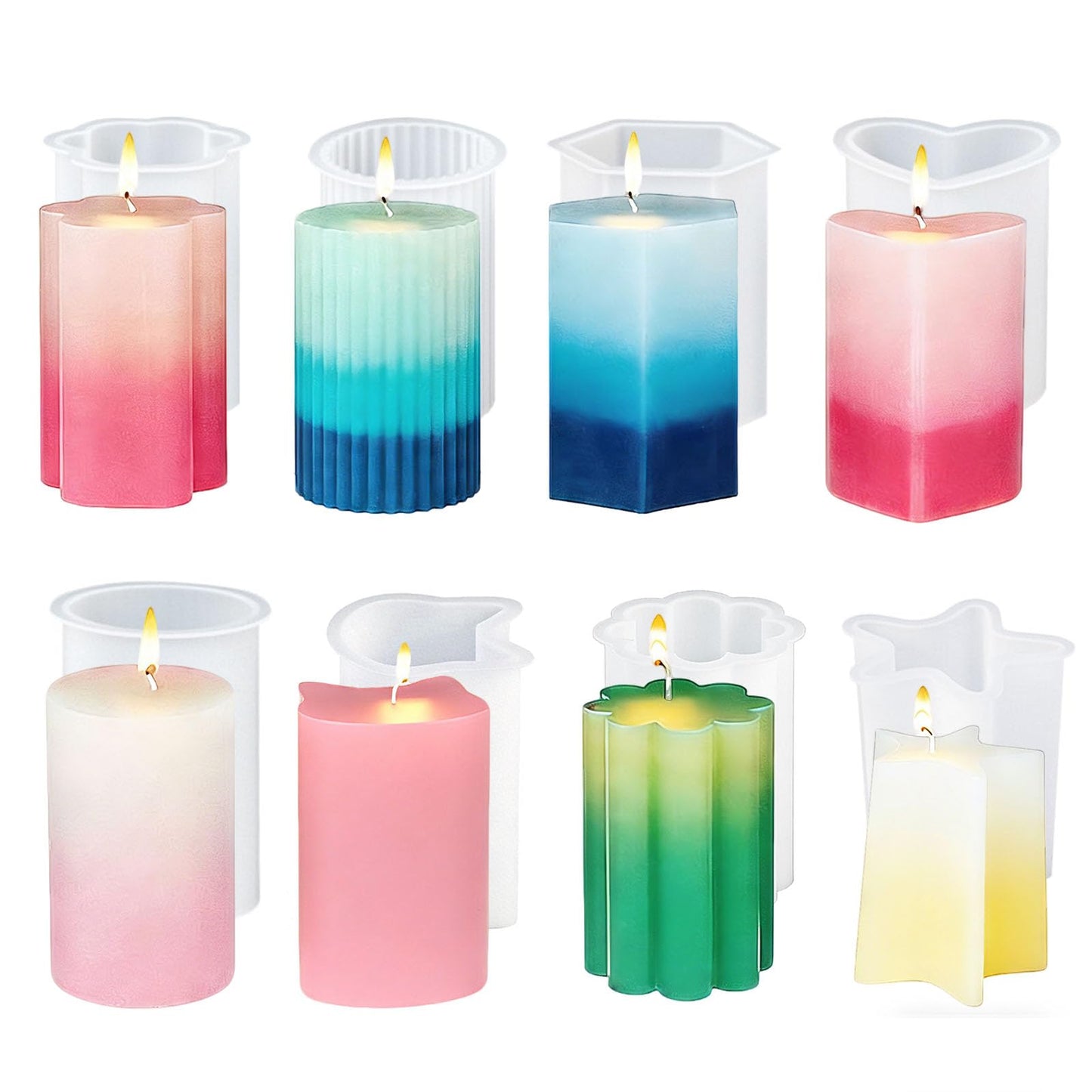 8PCS Silicone Candle Molds Set - Cylinder/Hexagon/Star/Heart/Flower/Cat Head Shapes for DIY Candle Making, Soap, Resin Crafts, Reusable and Easy Release Candle Making Kit with Multiple Shape and Sizes