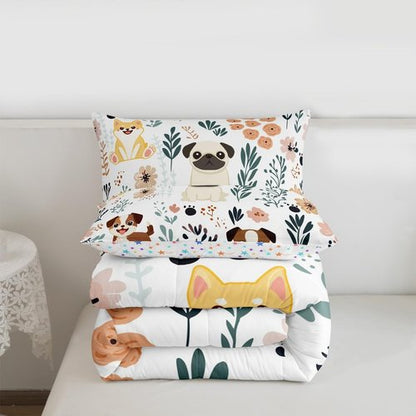 Feelyou Cute Puppy Dog Bedding Set - Kids Toddler Dog & Flowers Comforter Set - Botanical Plant Duvet & Quilt Set