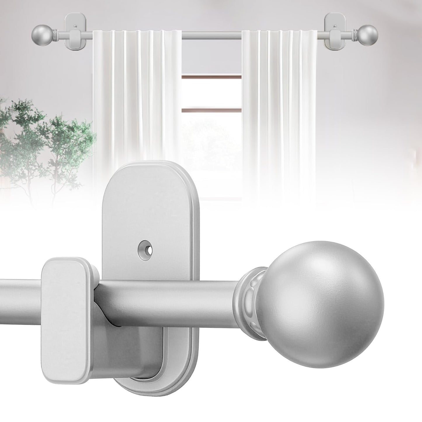 Curtain Rods No Drilling for Windows 32 to 45 Inch:No Drill Small Silver Curtain Rod with Adhesive Brackets for Bedroom,5/8" Apartment Renter Friendly Adjustable Drapery Rods Easy Install