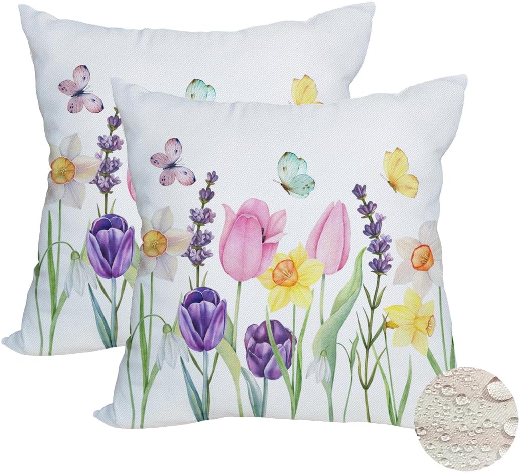 2 Pack Waterproof Spring Floral Pillow Covers, 16x16 Inch Pink Tulip Flower & Lavender Butterfly Outdoor Cushion Case