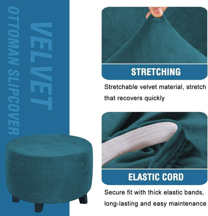 ADPON Velvet Plush Ottoman Cover,Super Stretch Round Ottoman Slipcover Washable Storage Stool Furniture Protector
