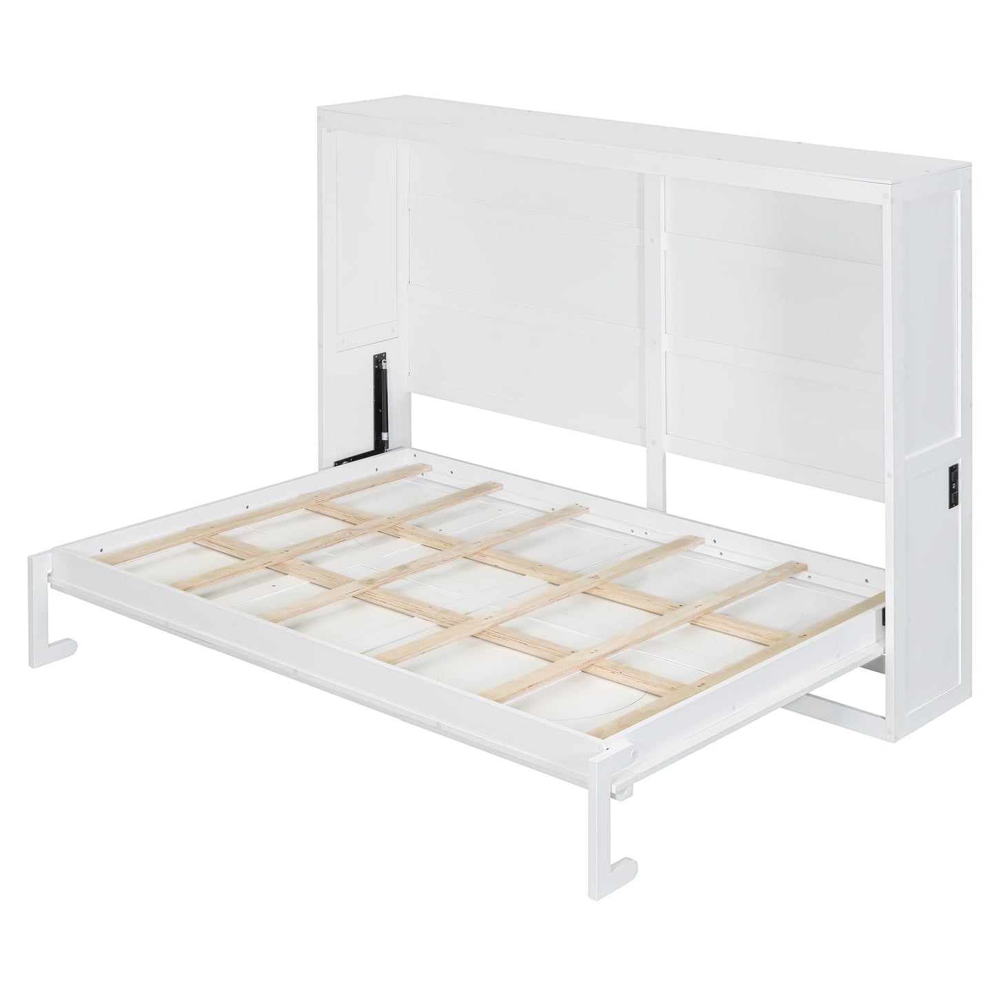 Ball & Cast Murphy Bed Full Size Wall Chest with Charging Station and Slat Support,Wood Hideaway Cabinet Platform Bedframe w/Leg,can be Folded,Space-Saving,for Small Room,Dorms,White
