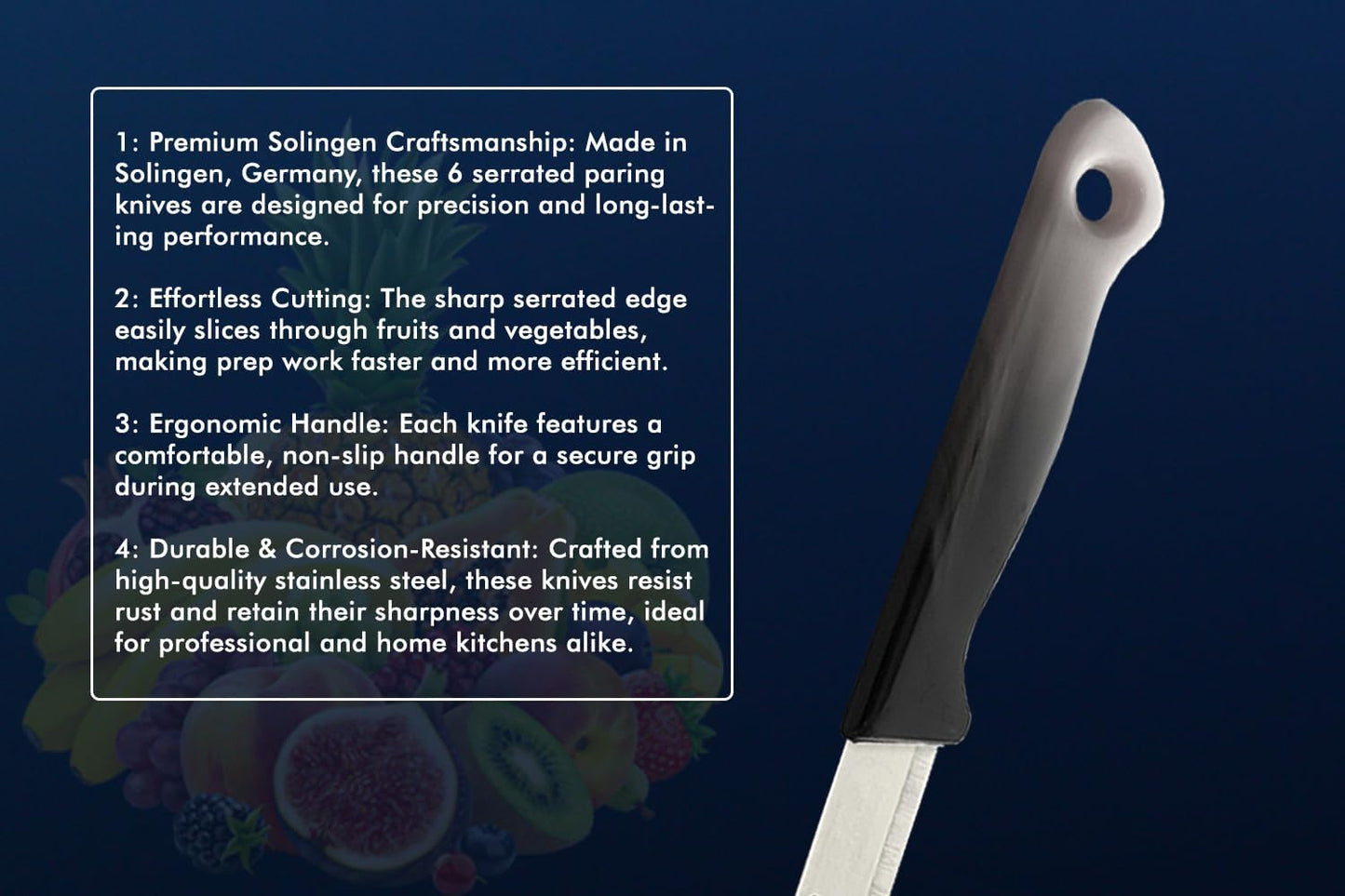 SMI 6 Pcs Paring Knife Set, Serrated Solingen Germany Vegetable and Fruit Kitchen Knives, Multi Color