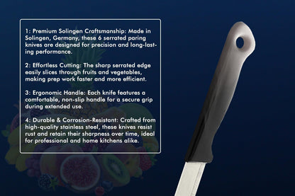 SMI 6 Pcs Paring Knife Set, Serrated Solingen Germany Vegetable and Fruit Kitchen Knives, Multi Color