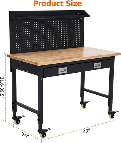 Workbench 48 x 24 Adjustable Height Worktable, 2000 LBS Load Capacity, Heavy Duty Rubber Wood Top, Workbench with Drawers, Pegboard, Power Outlets & Lockable Wheels, with Drawer Back