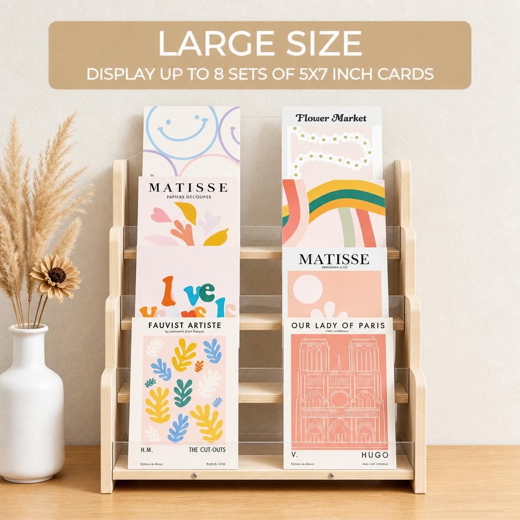 Kesiya Greeting Card Display Stand , Acrylic Sticker Display Holder for Vendors, Counter Retail Display Rack , 4-Tiered Wooden/Acrylic Display stand for postcard /Brochure/Photos/Picture