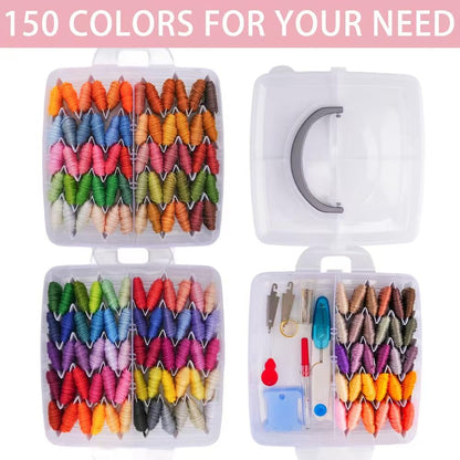 Fabpop 190 Pack Embroidery Floss Thread Kit Including 150 Colors Cross Stitch Sewing Thread with 40 Pcs Embroidery Accessories and 3-Tier Transparent Embroidery Thread Storage Organizer Box