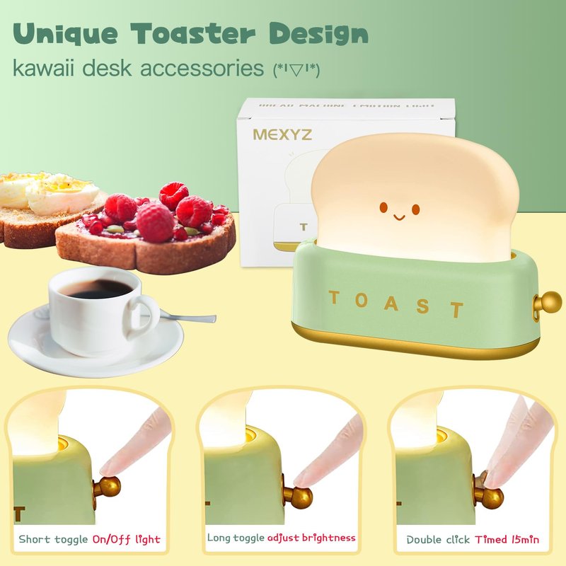MeXYZ Cute Desk Decor Toaster Lamp, Kawaii Accessories Small LED Night Light for Kids Teen Girls, Room Decor Toast Lamp for Bedroom, Bedside, Living Room Aesthetic Stuff,Gift