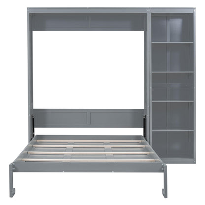 PacknWood Acosure Queen Size Murphy Five-Layer Cabinet,Solid Wood Storage Hidden Wall Beds Frame,W/Dual Piston Metal Folding Mechanism Designed,Space-Saving,for Home Office,Study,Guest Room,Gray