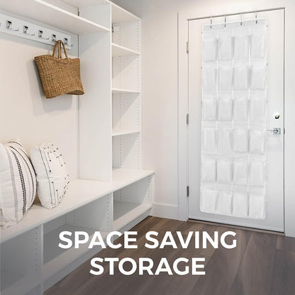 HOME GENIE 24 Pocket Strong Space Saving Over Door Shoe Organizer, Holds Up to 40 Pounds, White