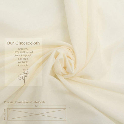 Cheesecloth, Grade 90, 36 Sq Feet, Reusable, 100% Unbleached Cotton Fabric, Ultra Fine Cheese Cloth for Cooking - Nut Milk Bag, Strainer, Filter (Grade 90-4Yards)