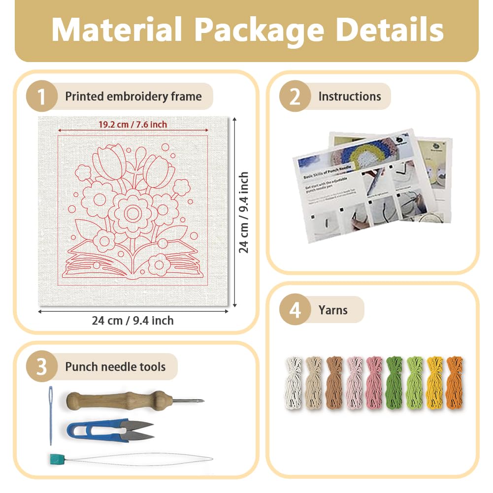 DOODLREAM Bouquet on Book DIY Punch Needle Embroidery Kit for Adult Beginner, 9.4" Flowers and Book Punch Stitching Craft Set for Starter with Frame, Fabric Pattern, Threader, Yarn, Punch Needle