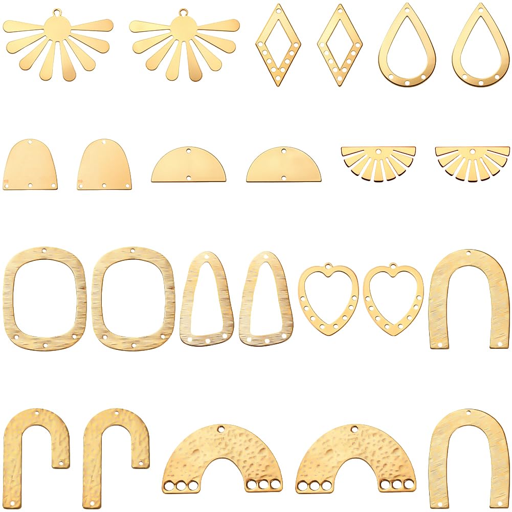 SUNNYCLUE 1 Box 24Pcs 12 Styles Filigree Jewelry Charms Jewelry Connector Link Charms Gold Brass Hollow Heart Rhombus Arch Sun Vintage Joiners Links Findings for Jewelry Necklaces Bracelets DIY Crafts