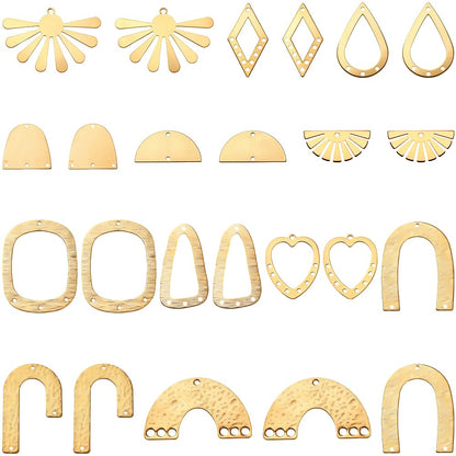 SUNNYCLUE 1 Box 24Pcs 12 Styles Filigree Jewelry Charms Jewelry Connector Link Charms Gold Brass Hollow Heart Rhombus Arch Sun Vintage Joiners Links Findings for Jewelry Necklaces Bracelets DIY Crafts