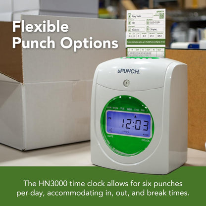 uPunch HN3500 Advanced Time Clock Bundle for Small Business: Complete Employee Time Tracking System with 100 Time Cards, 2 Racks, 2 Ribbons, and 6 Keys