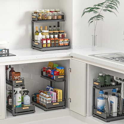 Under Sink Organizer Kitchen, 2 Tier Under Sink Organizers and Storage, Pull out Cabinet Organizer Shelf, Metal Drawer for Kitchen Bathroom Pantry Cabinet Closet Organization Rack, Black, 1 Pack