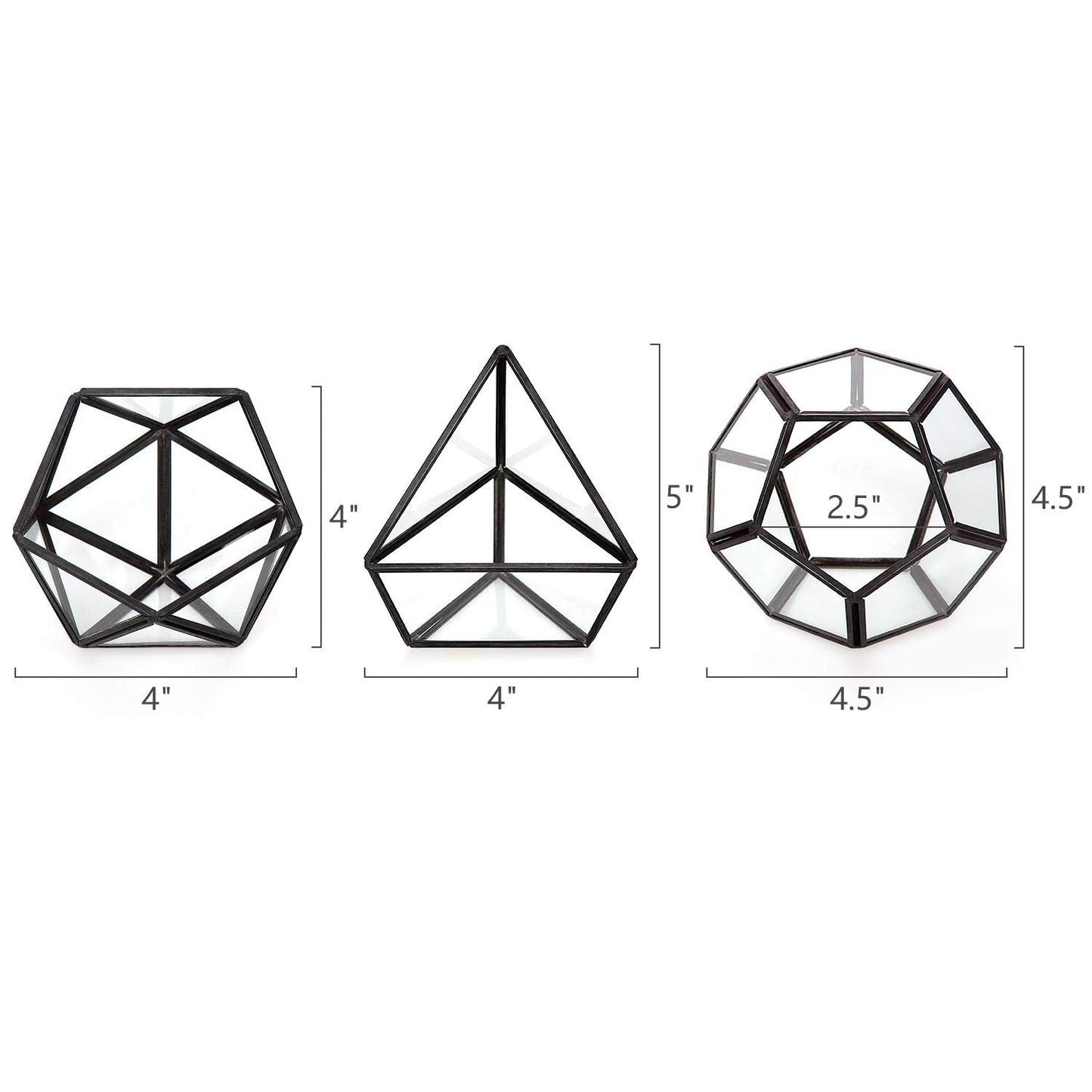 Mkono 4 Inches Mini Glass Geometric Terrarium Container Set of 3 Modern Tabletop Planter Shelves Decor Display Centerpiece for Succulent Miniature Fairy Garden Air Plant, Black(Plant Not Included)