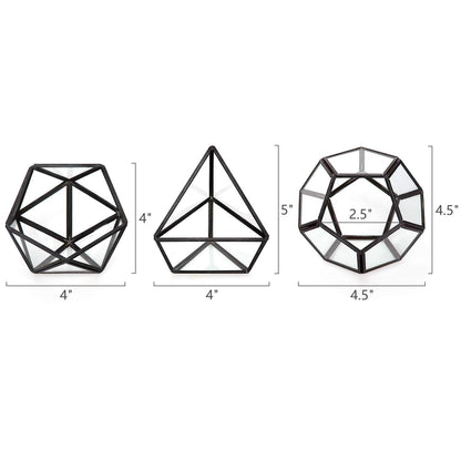 Mkono 4 Inches Mini Glass Geometric Terrarium Container Set of 3 Modern Tabletop Planter Shelves Decor Display Centerpiece for Succulent Miniature Fairy Garden Air Plant, Black(Plant Not Included)