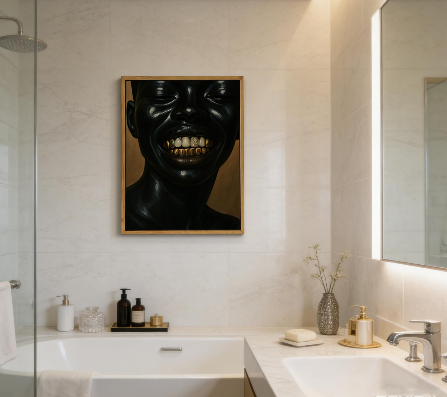 Floating Framed Abstract Black Men Canvas Wall Art, African American Gold Teeth Painting Picture Wall Decor, Urban Street Hip Hop Poster Print Artwork for Bedroom, Apartment, Home Decoration 8x10in